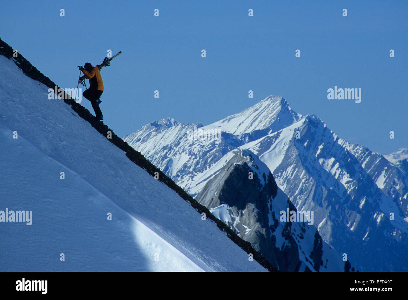 Ein Skifahrer Uptracking zu höheren Boden im Hinterland in Kananaskis Country, Rocky Mountains, Alberta, Kanada Stockfoto
