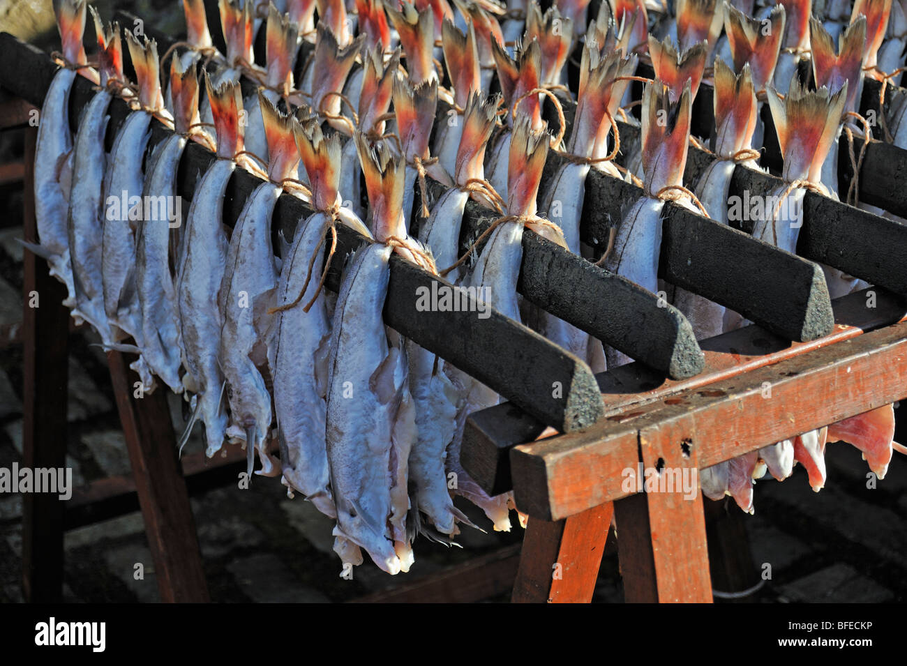 Paare von filetiert Schellfisch Rauchen Arbroath Smokies zu erwarten. Stockfoto