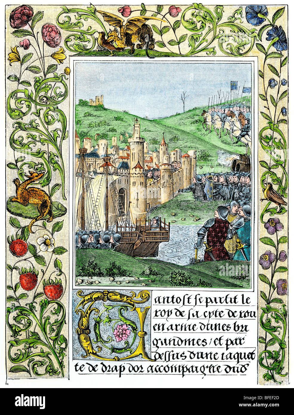 Karl VII. von Frankreich belagert die Stadt Le Havre, die durch die Englisch gehalten, Hundertjährigen Krieg. Hand - farbige Holzschnitt Stockfoto
