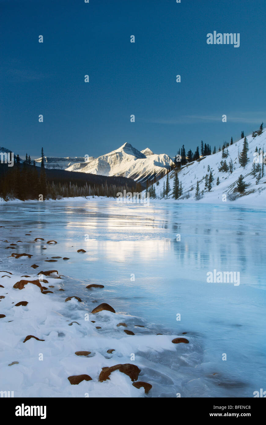 North Saskatchewan River, Mount Erasmus und Umfrage Peak, Banff Nationalpark, Alberta, Kanada Stockfoto