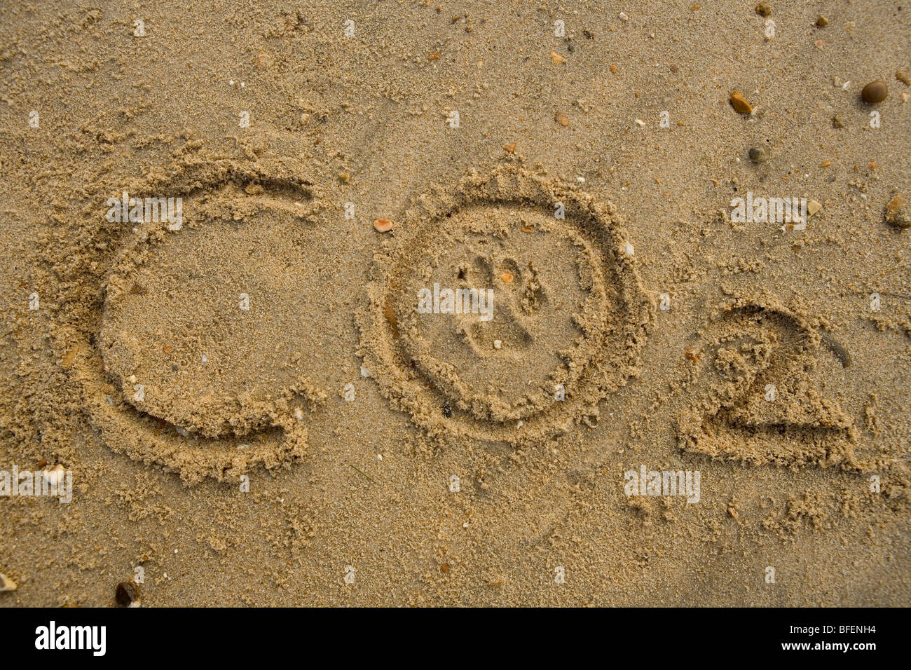 Kohlenstoff-Fußabdruck Co2 Text mit Pfotenabdruck am Strand Gosport Stockfoto