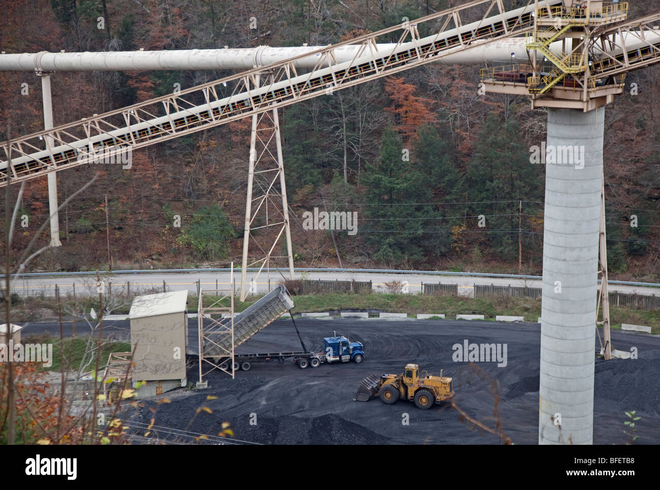 Bandytown, West Virginia - ein LKW Deponien eine Ladung Kohle, wo es auf ein Kohlezug geladen werden. Stockfoto