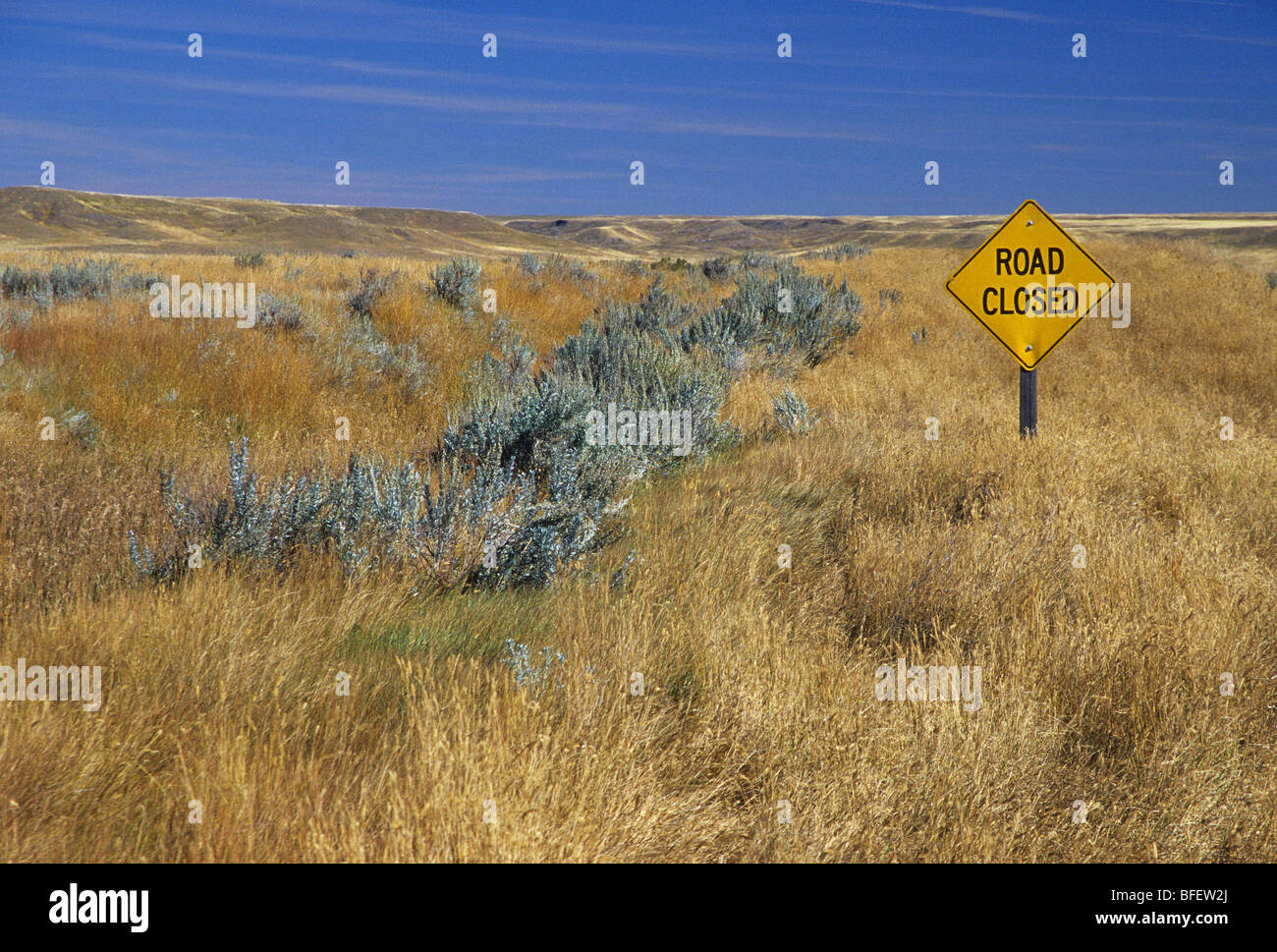 Straßenschild, Grasslands National Park, Saskatchewan, Kanada Stockfoto