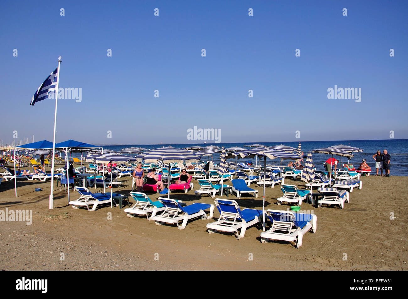 Blick auf den Strand, Larnaka, Bezirk Larnaka, Republik Zypern Stockfoto