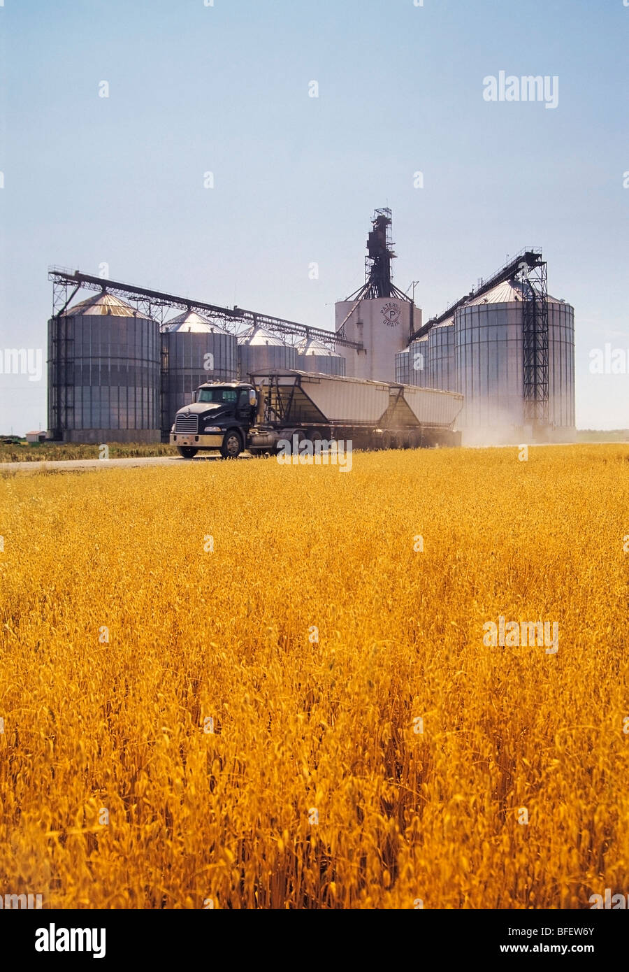 Ein Lkw verlassen eine Paterson im Landesinneren Getreide terminal nach Abgabe einer Belastung von Korn, Morris, Manitoba, Kanada Stockfoto Ein Lkw verlassen eine Paterson im Landesinneren Getreide terminal nach Abgabe einer Belastung von Korn, Morris, Manitoba, Kanada Stockfoto