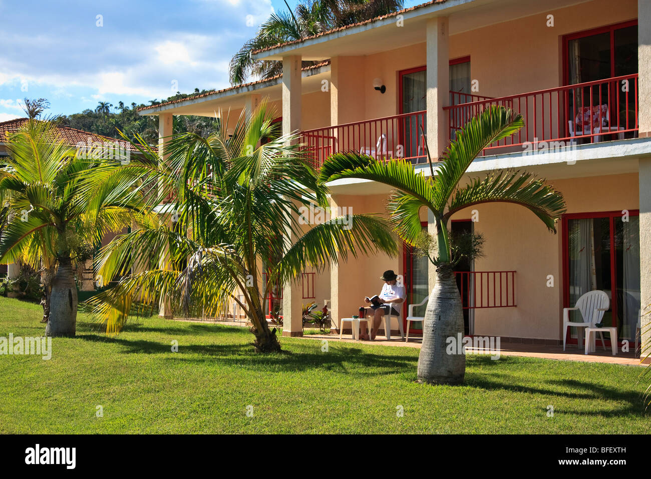 Mann liest ein Buch in einem kubanischen Resort unter Palmen Stockfoto