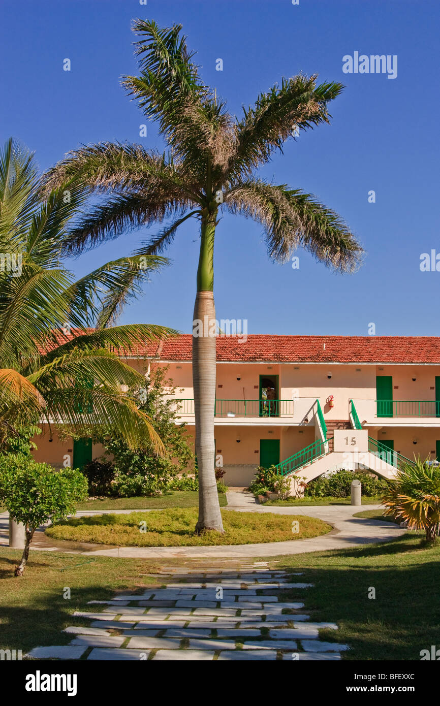 Karibik Resort Gebäude, Palmen an der Spitze Stockfoto