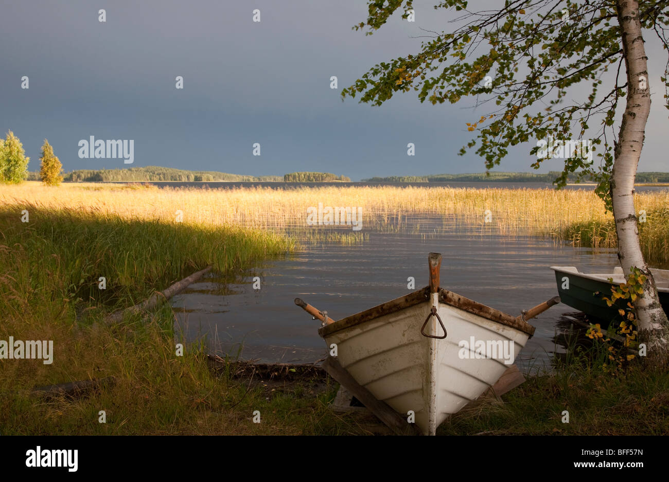 Kleines Ruderboot / Schiff / Beiboot am See, Finnland Stockfoto