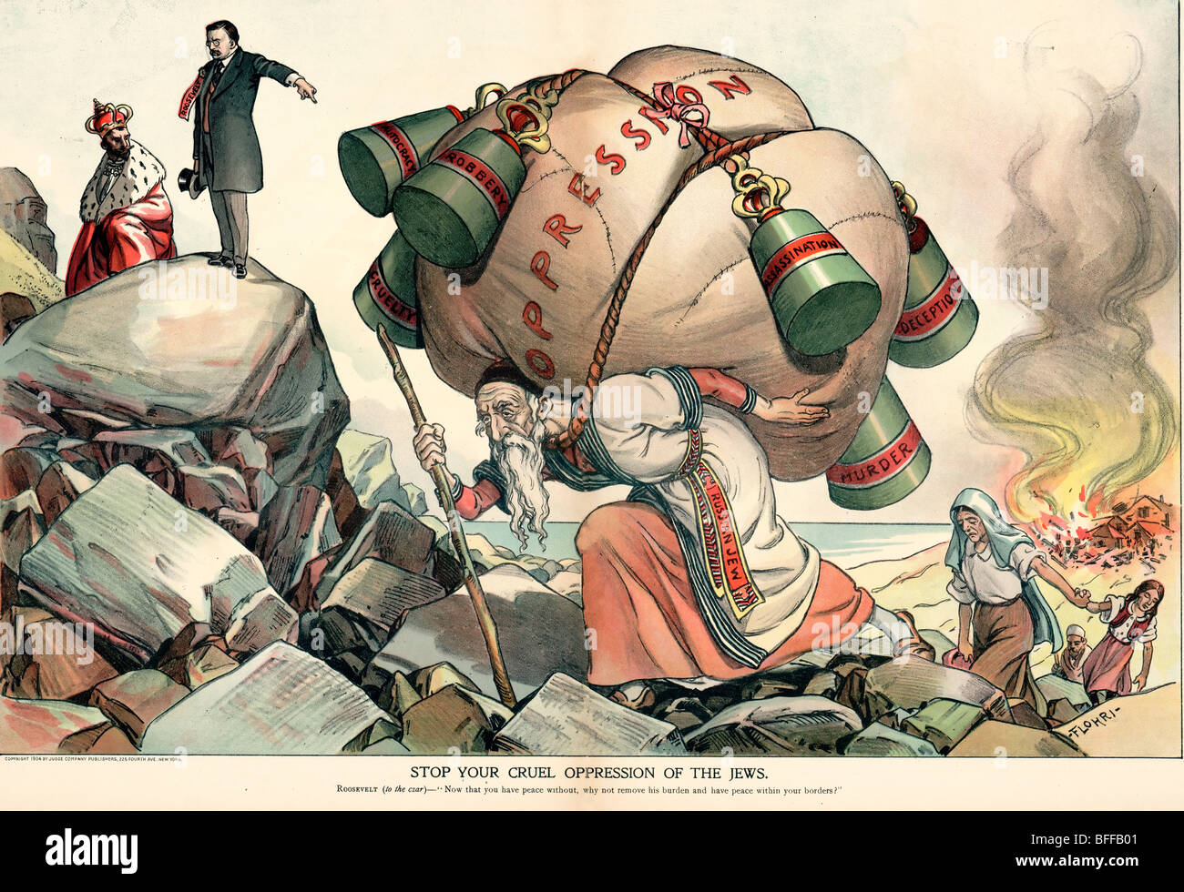 "Ihre grausame Unterdrückung der Juden stop" sagt US-Präsident Theodore Roosevelt zu russischen Zaren Nicholas II im Jahre 1904 Stockfoto