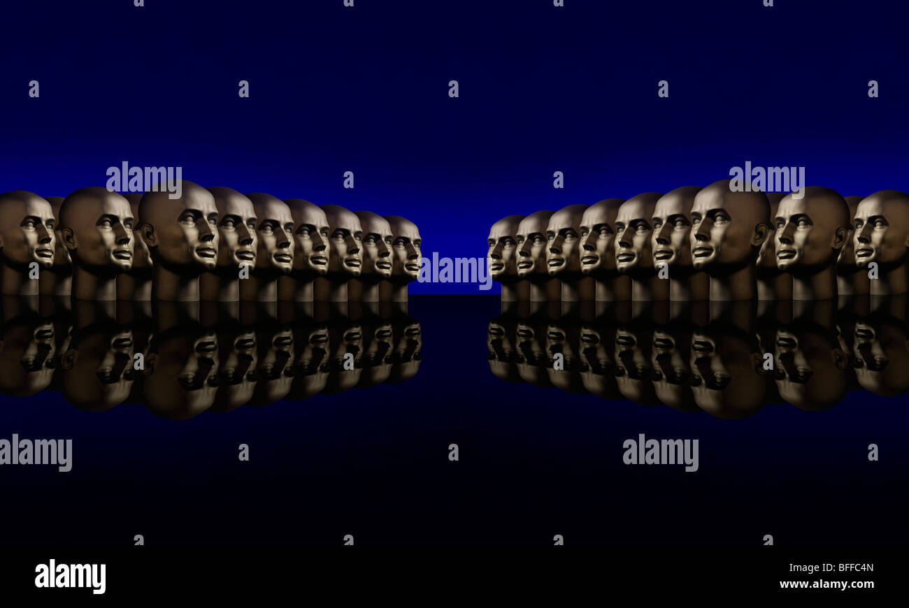 Zwei Gruppen von Schaufensterpuppe Kopf einander gegenüber sitzen auf einer reflektierenden schwarzen Oberfläche mit einem blauen Hintergrund Stockfoto