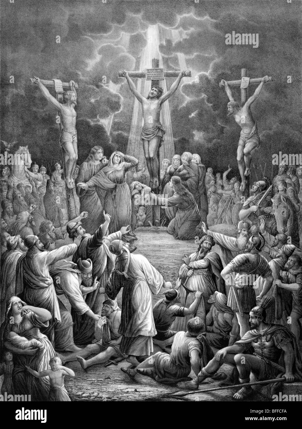 Drucken Sie die Darstellung der Kreuzigung von Jesus Christus auf Golgatha, außerhalb der Mauern des alten Jerusalem im ersten Jahrhundert nach Christus. Stockfoto Drucken Sie die Darstellung der Kreuzigung von Jesus Christus auf Golgatha, außerhalb der Mauern des alten Jerusalem im ersten Jahrhundert nach Christus. Stockfoto