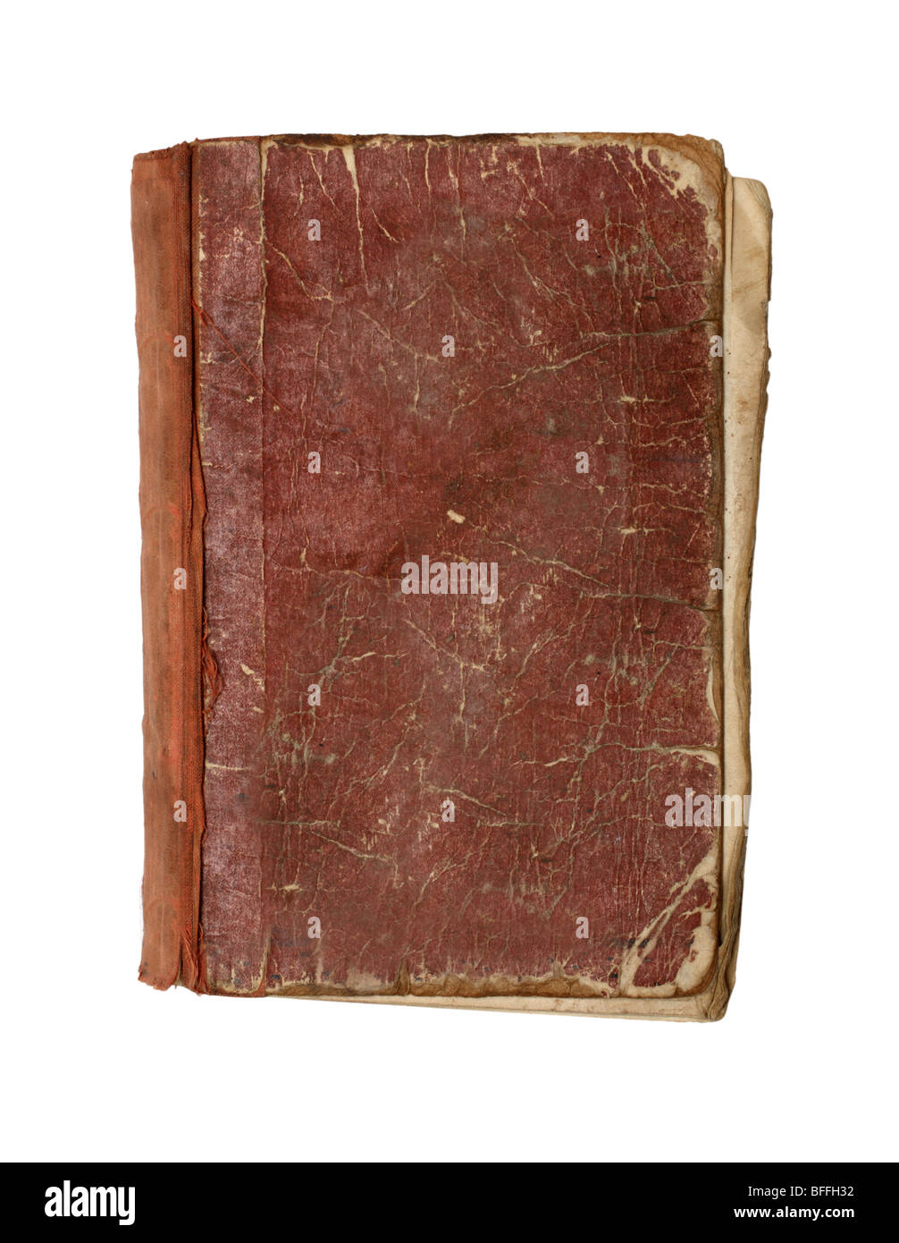 Blick von oben auf alte beschädigte Buch auf weißem Hintergrund Stockfoto