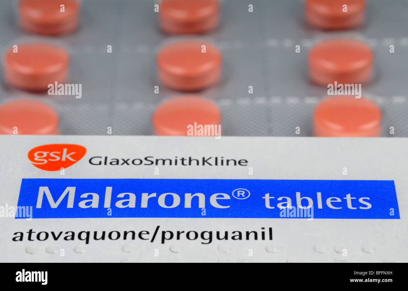 Malarone, anti-Malaria-Tabletten, Malarone Stockfoto