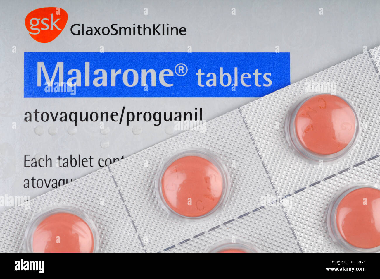 Malarone, anti-Malaria-Tabletten, Malarone Stockfoto