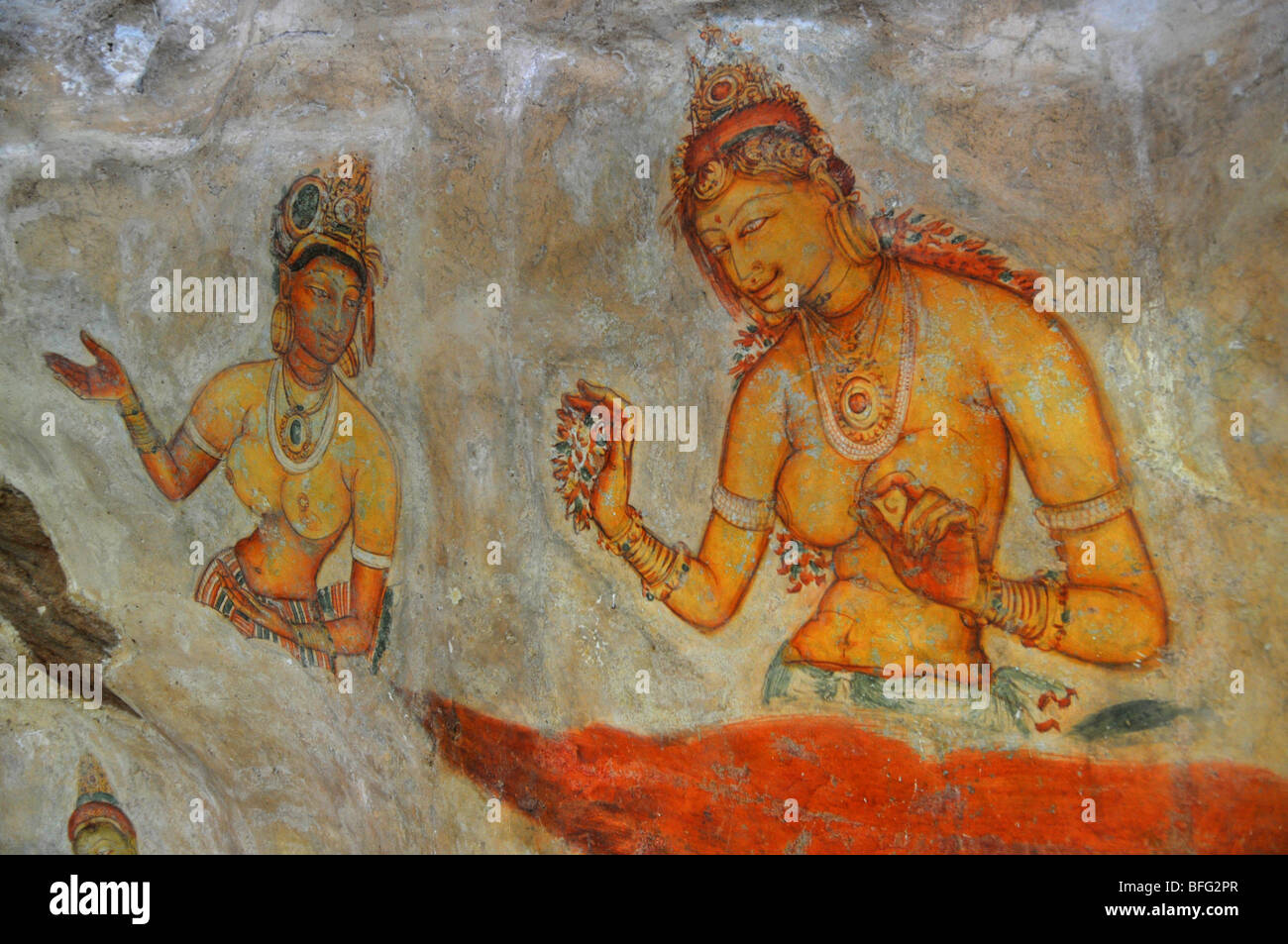 Sigriya Wandmalereien, Sri Lanka, Wandbild von Asparas oder weibliche Geister an Sigriya Felsenfestung, Sri Lanka Stockfoto