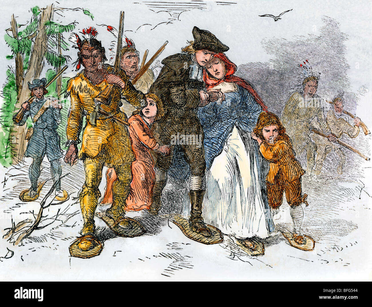 Colonial Familie von Native Americans in New England gefangen, 1700. Hand - farbige Holzschnitt Stockfoto