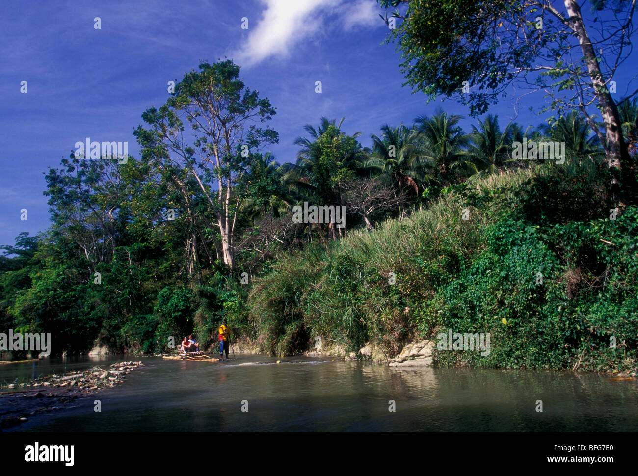 Die jamaikanische Mann, erwachsenen Mann, Reiseführer, Bambusfloß, Bambus Floßfahrt, der große Fluss, große Fluss, Dorf von Lethe, Jamaika Stockfoto