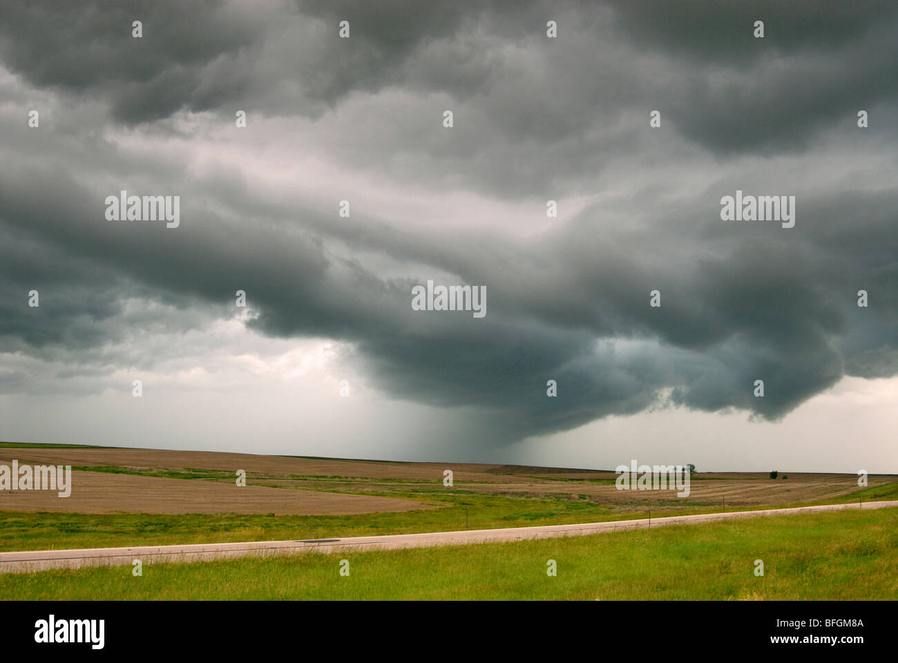 Schwere Gewitterwolken bilden über Ackerflächen in South Dakota, USA Stockfoto