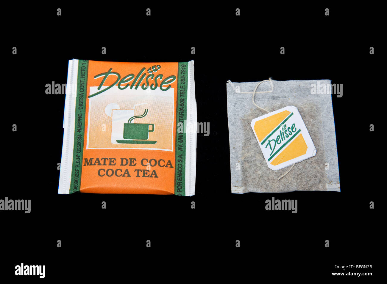 Delisse Mate De Coca Tee, ein traditionelles peruanische pflanzliches Getränk hergestellt mit Koka Blätter (Erythroxylum Coca) mit Kokain. Stockfoto