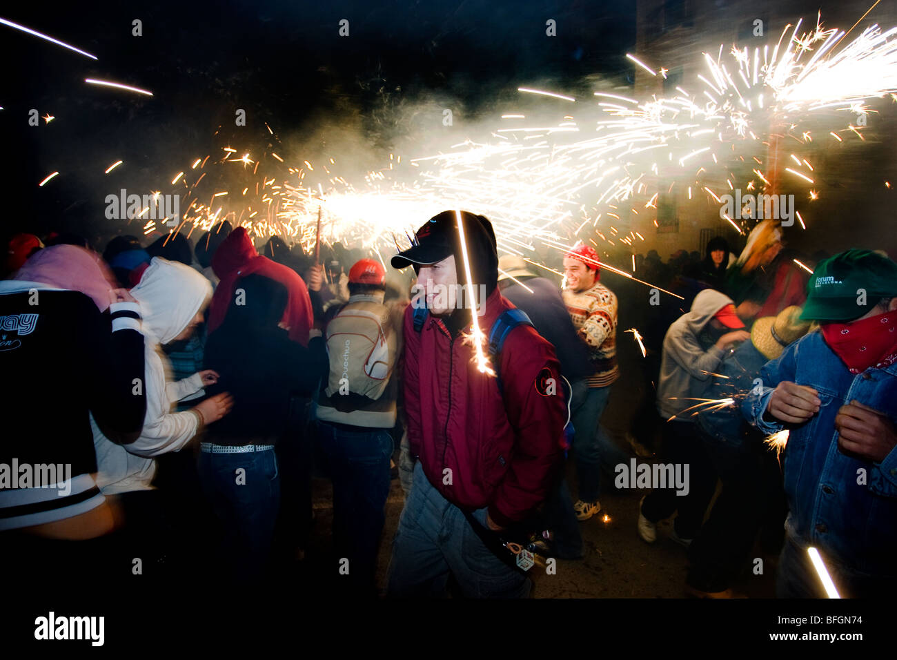 Correfoc Festival Feuerwerk in Girona, Katalonien, Spanien Stockfoto