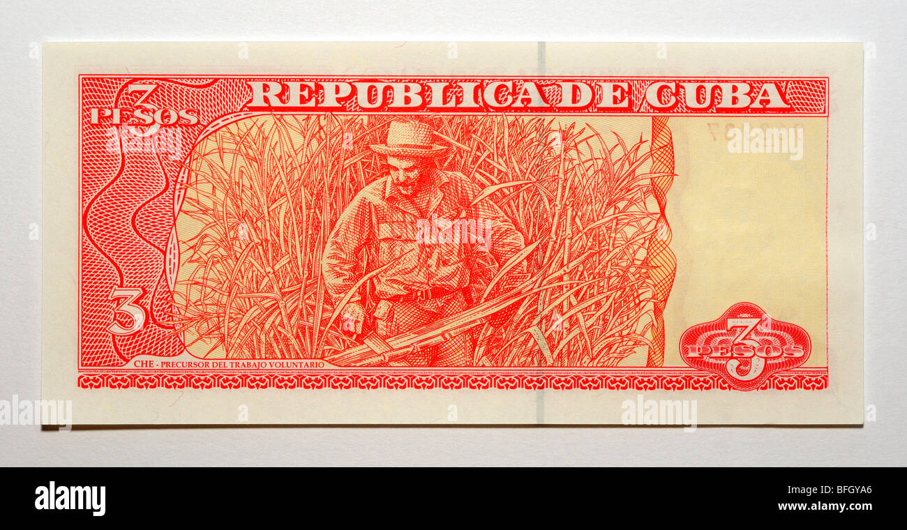 Republik Kuba 3 Pesos Banknote. Stockfoto