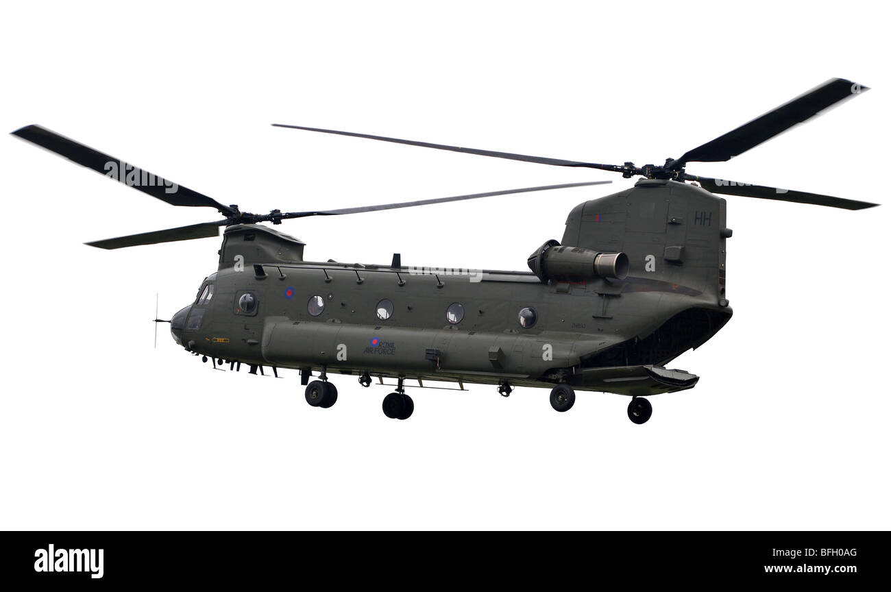 Chinook-Hubschrauber Chinook im Flug, Chinook Militärflugzeuge, "Royal Air Force" Chinook-Hubschrauber auf "weißen Hintergrund" Stockfoto