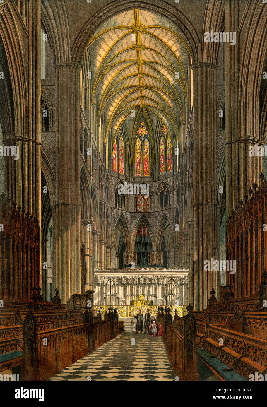 Westminster Abbey, aus dem Chor gesehen. Farblithographie Stockfoto