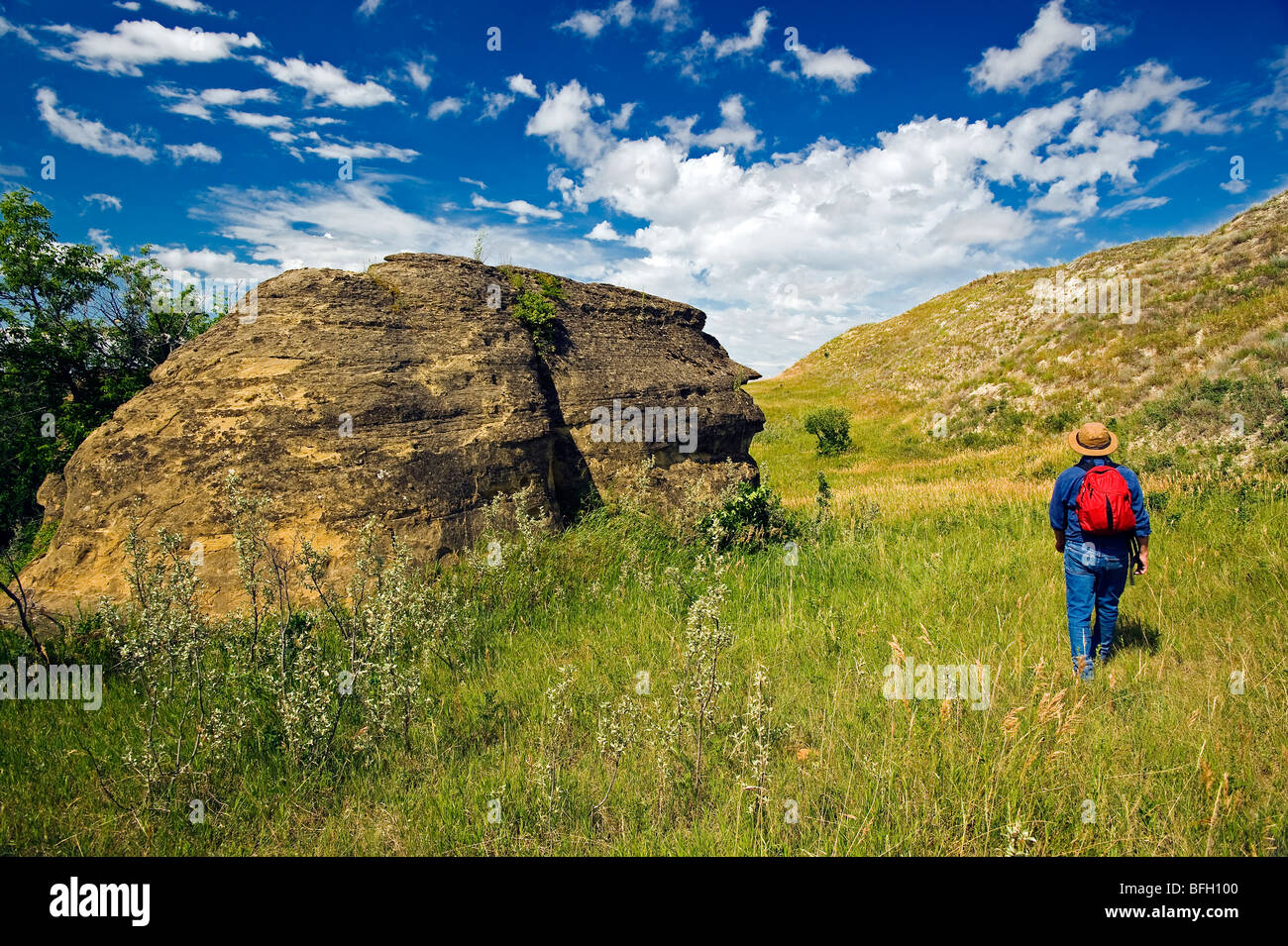 Wanderer, Felsformationen in der Nähe von Roche Percee, Souris River Valley, Saskatchewan, Kanada Stockfoto