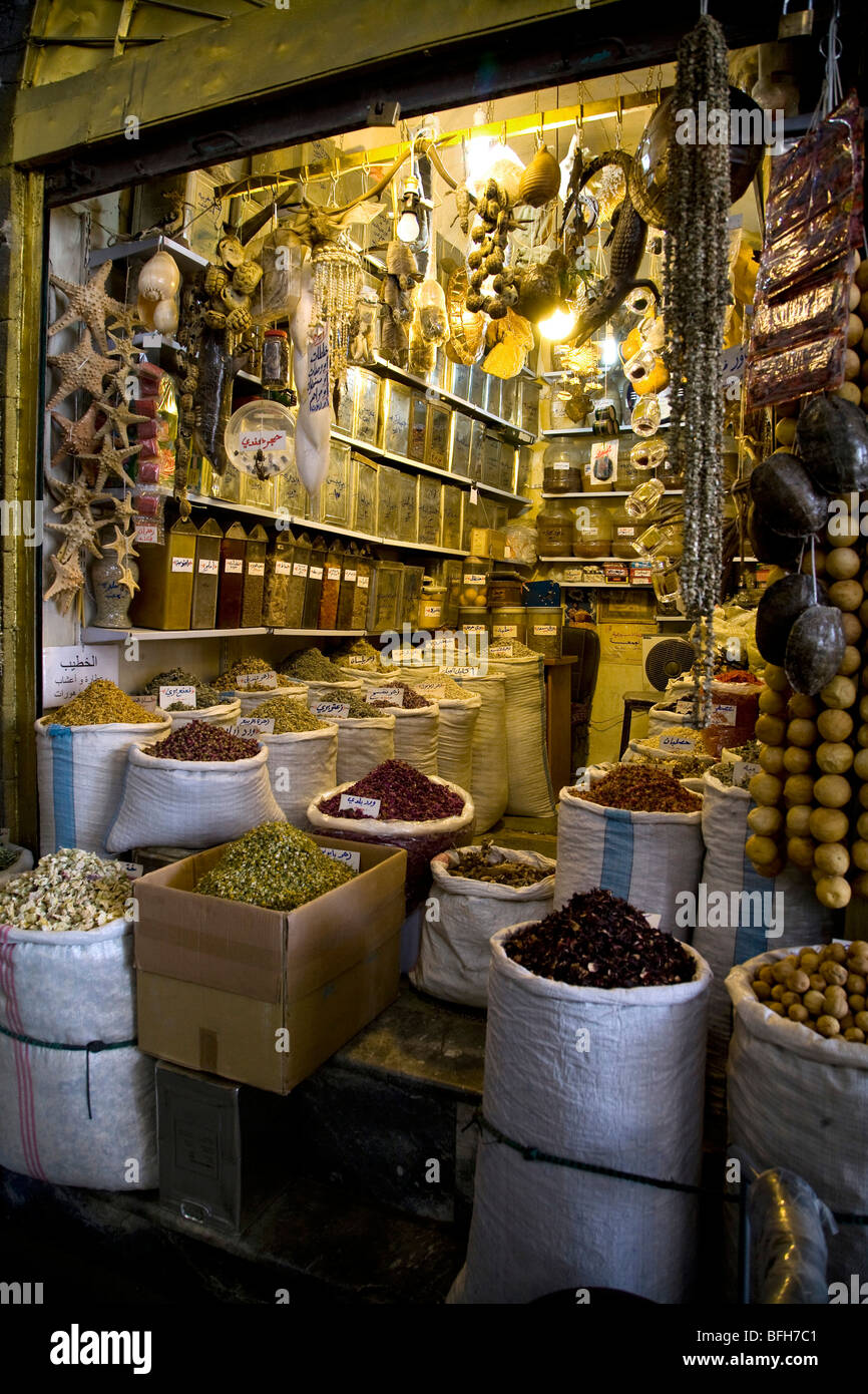 Shop Verkauf von Lebensmitteln im Bazar von Damaskus, Syrien, Naher Osten Stockfoto