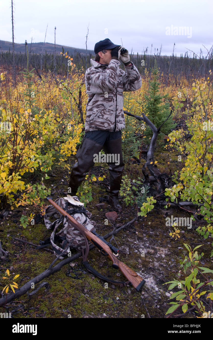 Jäger mit Fernglas für Spiel suchen. Späten Herbst Low-Land Busch.  Yukon Territorium, Kanada. -Modell veröffentlicht. Stockfoto
