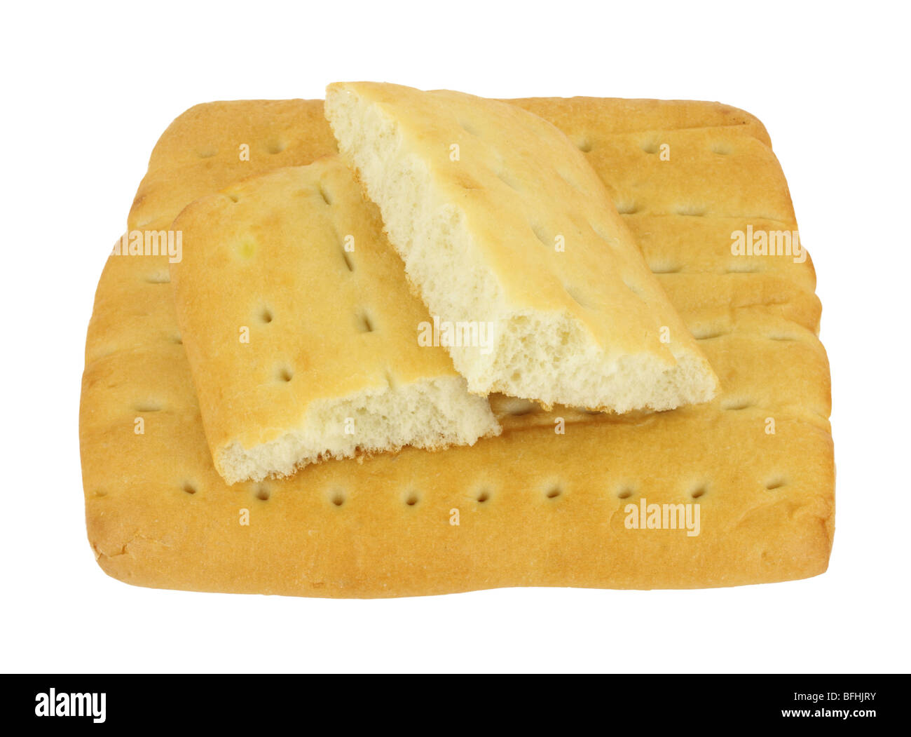 Full-Size-Focaccia mit zwei Bruchstücke an der Spitze Stockfoto