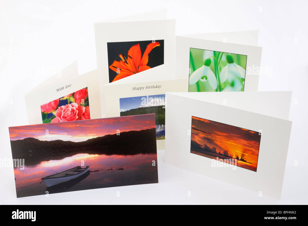 Sechs fotografischen Gruß-und Glückwunschkarten auf einem weißen Hintergrund Stockfoto