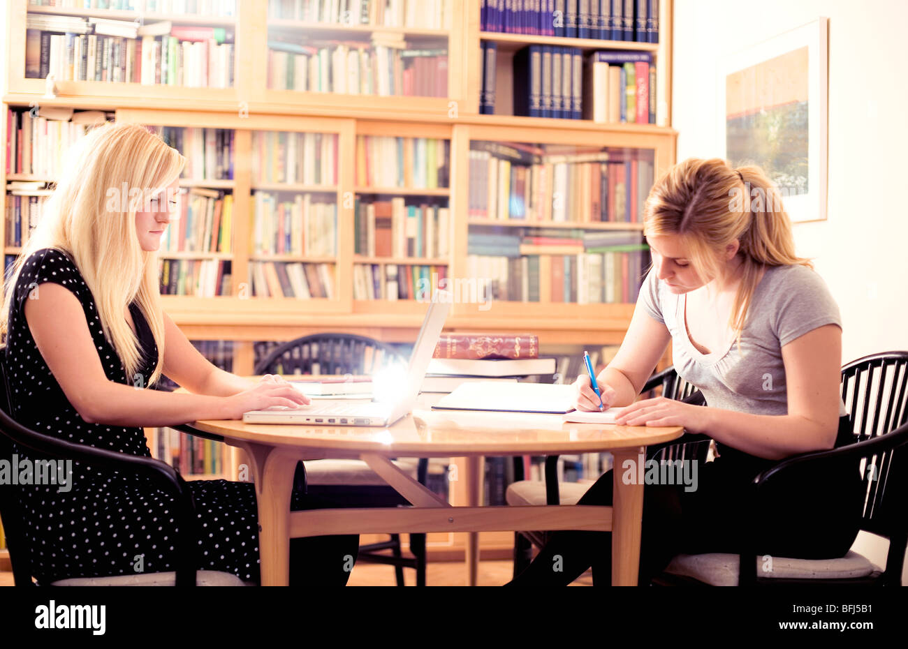 Zwei junge skandinavische Frauen in einer Bibliothek, Schweden. Stockfoto