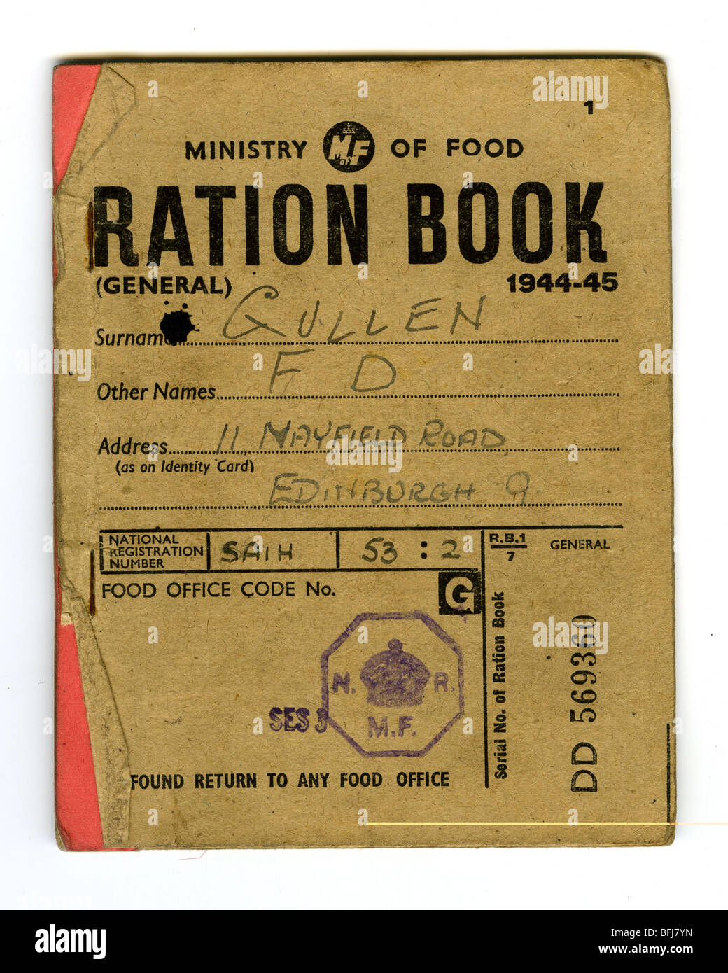 BRITISCHE RATION Buch 1944 / 45, ausgestellt durch das Ministerium für Ernährung Stockfoto
