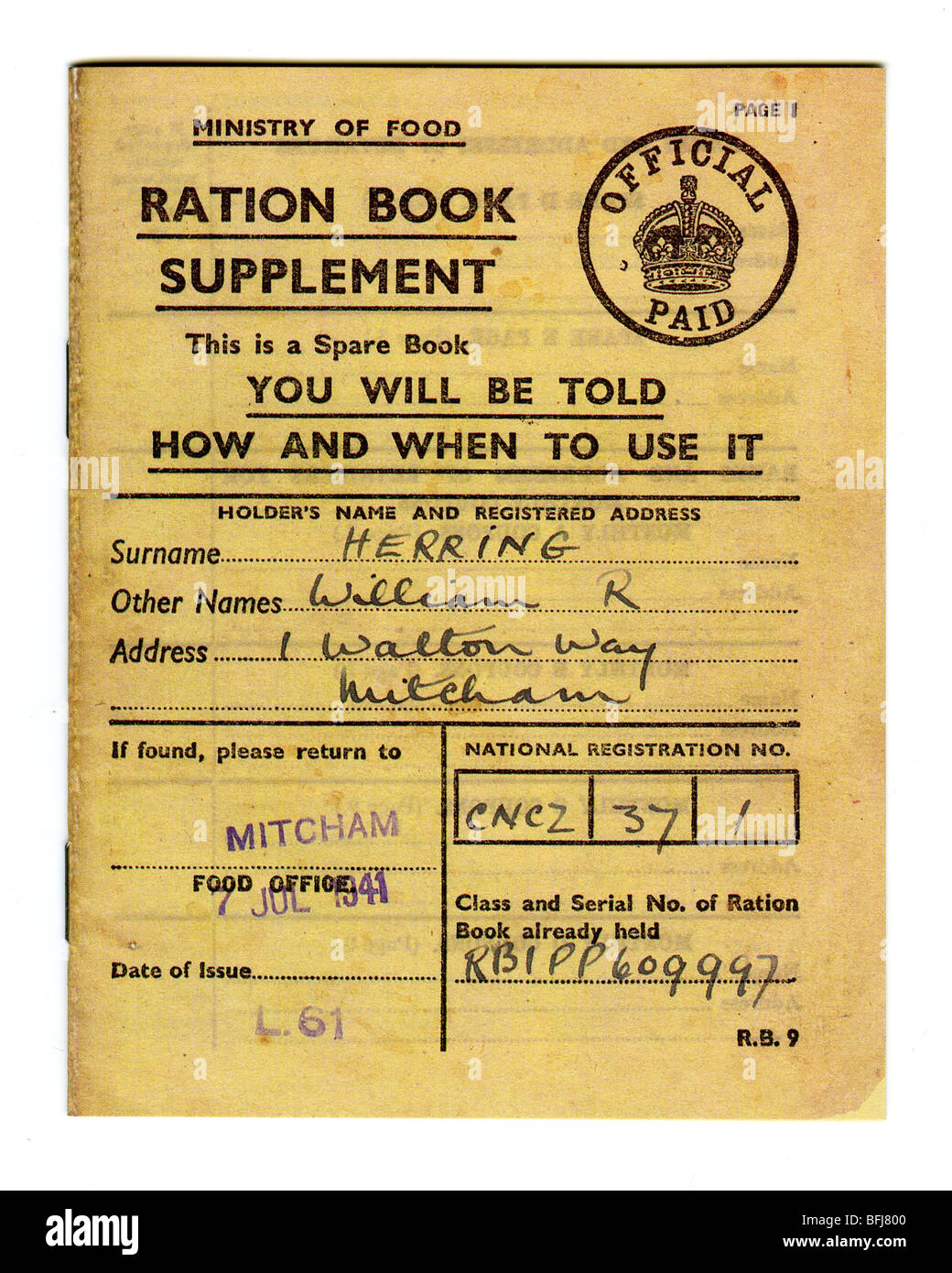 BRITISCHE RATION-Buch von 1941 Stockfoto