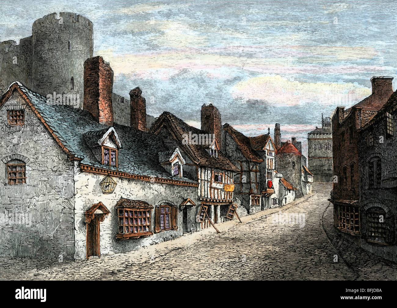 Straße von Burg Tor, Shrewsbury, England, in Tudor times. Hand - farbige Holzschnitt Stockfoto