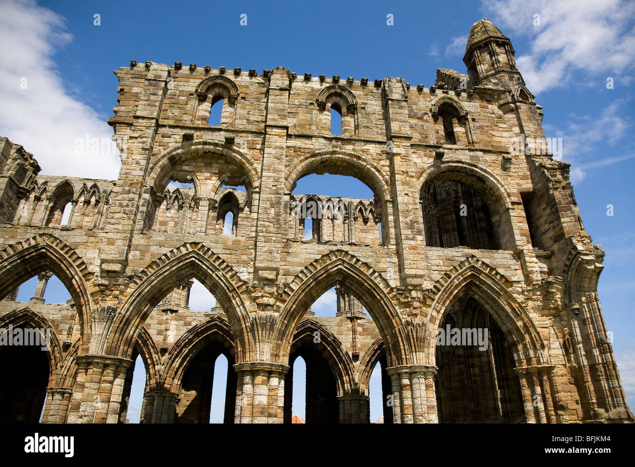 Architektonische Details aus den Trümmern der Whitby Abtei in North Yorkshire, England. Stockfoto