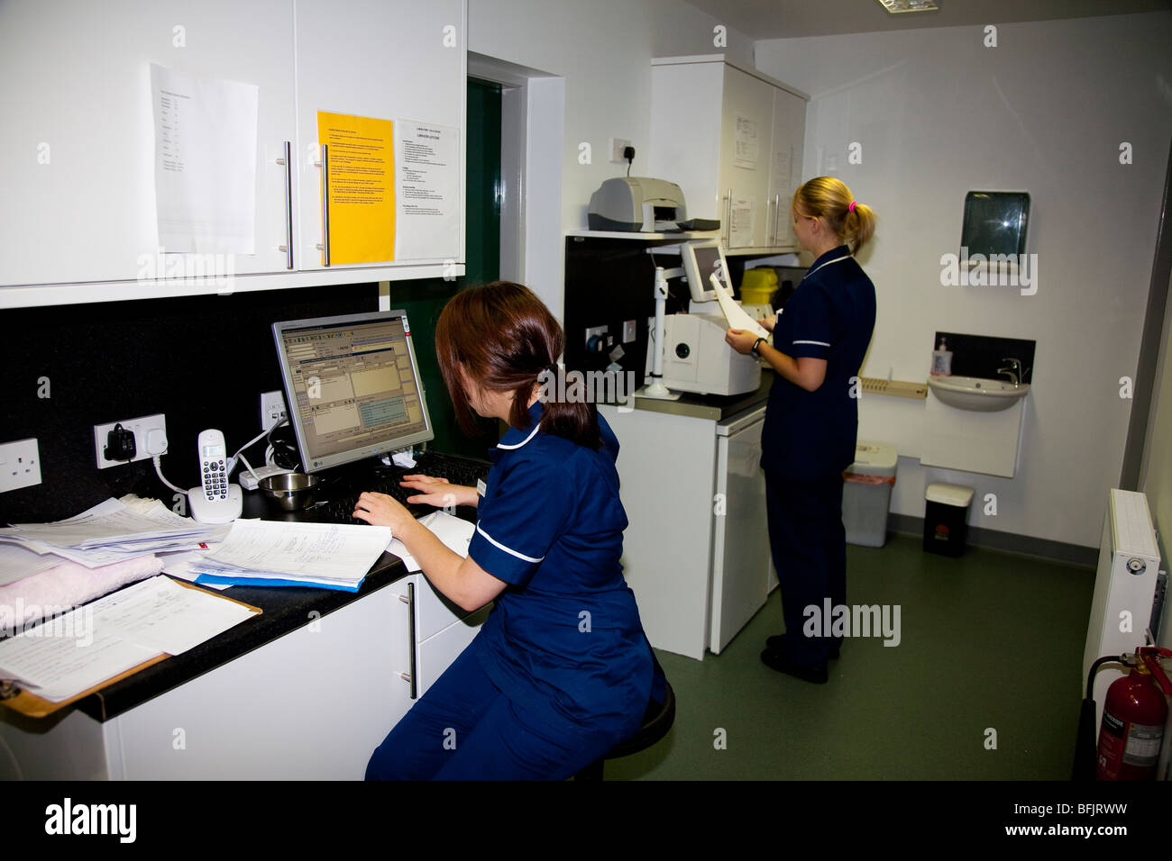Zwei Auszubildende tierärztliche Krankenschwestern in einem Praxislabor Stockfoto