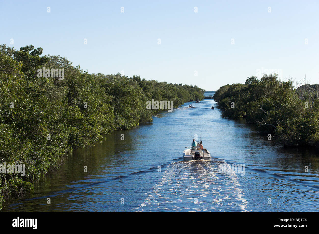 Bootsfahrer auf dem Buttonwood-Kanal in der Nähe von Flamingo, Everglades-Nationalpark, Florida, USA Stockfoto