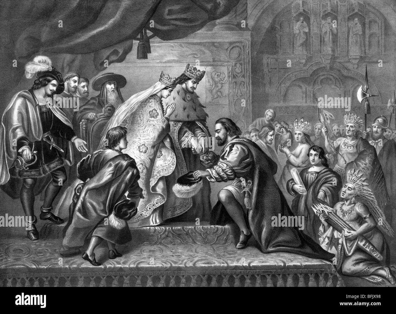 Drucken Sie c1870 Darstellung Christopher Columbus kniend vor Ferdinand und Isabella nach seiner ersten Reise nach Amerika im Jahre 1492. Stockfoto