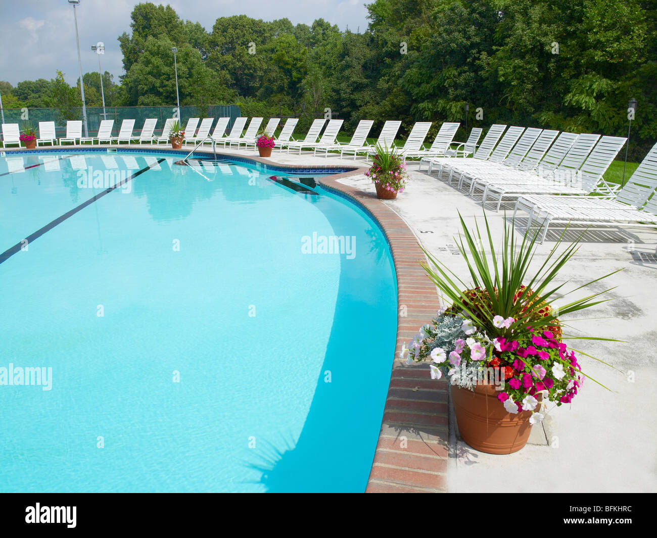 Swimmingpool mit Liegestühlen und Topfpflanzen Blumen, Pennsylvania, USA Stockfoto