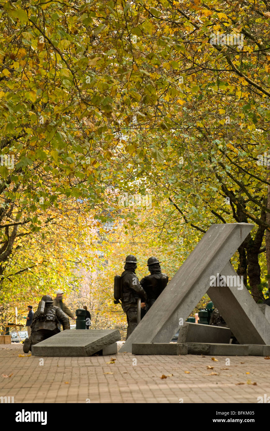 Die Feuerwehr Memorial in Seattles Occidental Park. Stockfoto