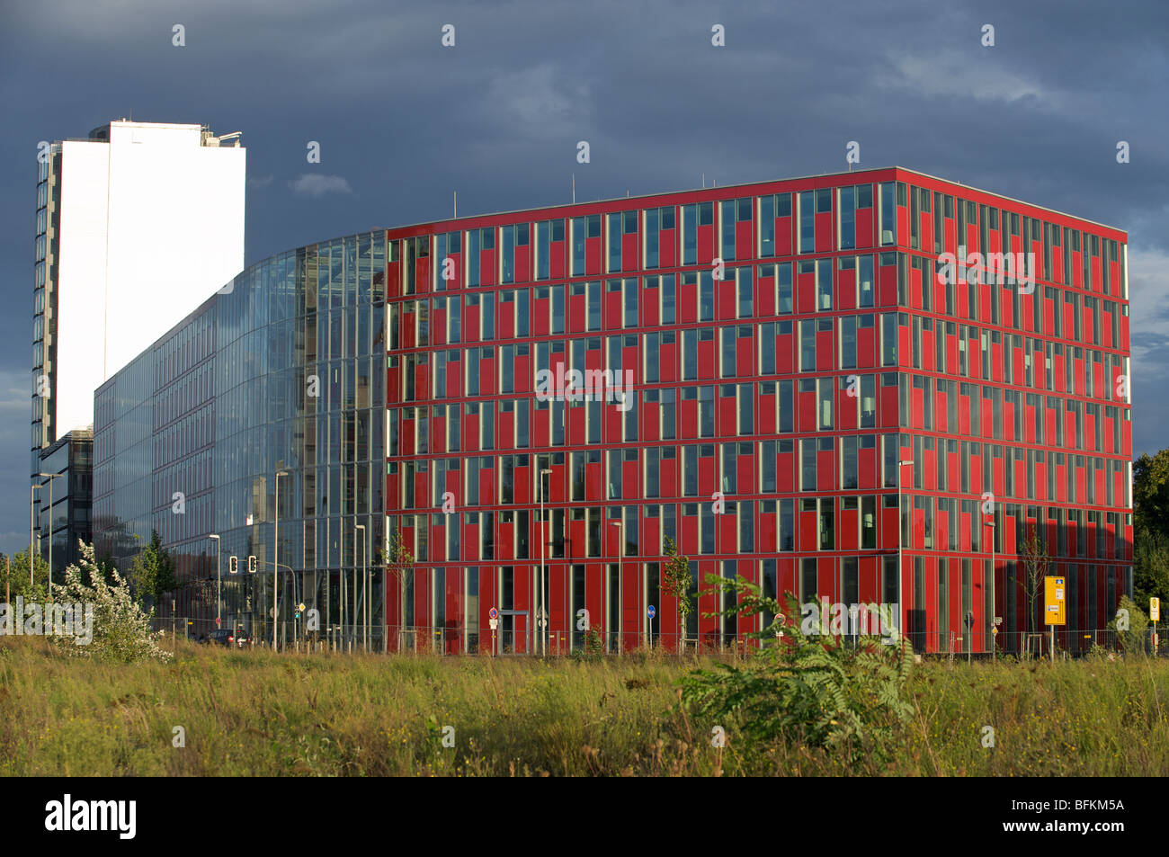 Capircorn Haus, Niedrigenergie-Bürogebäude und Media Tower (links), Medienhafen, Düsseldorf, Nordrhein-Westfalen, Deutschland. Stockfoto