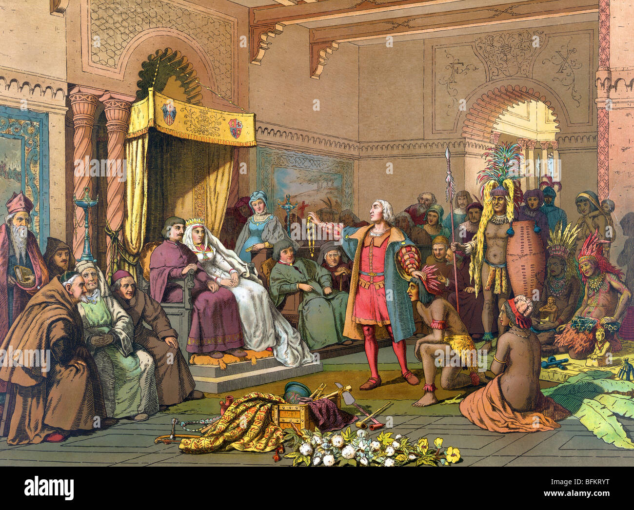 Drucken c1893 von Christopher Columbus vor Ferdinand und Isabella mit Indianern aus der neuen Welt mitgebracht. Stockfoto