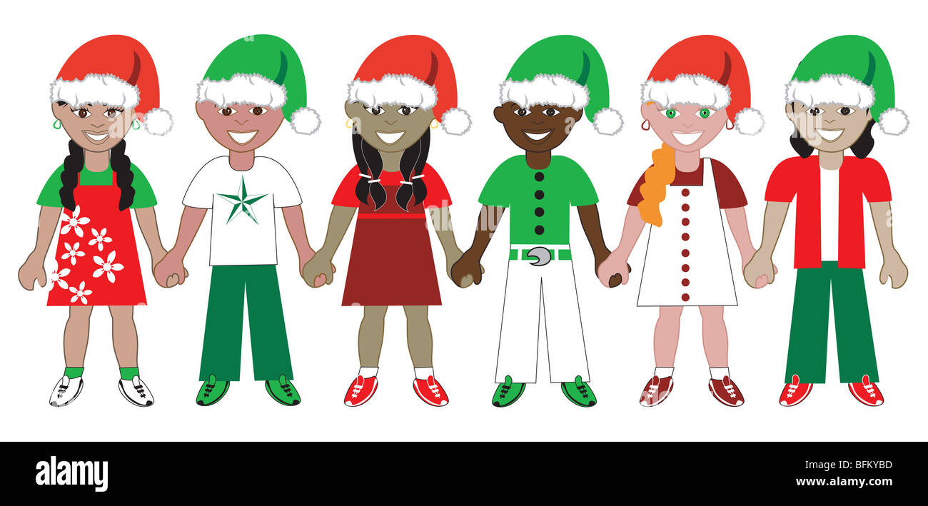 Vektor-Illustration von 6 Kindern gekleidet für den Urlaub. Stockfoto