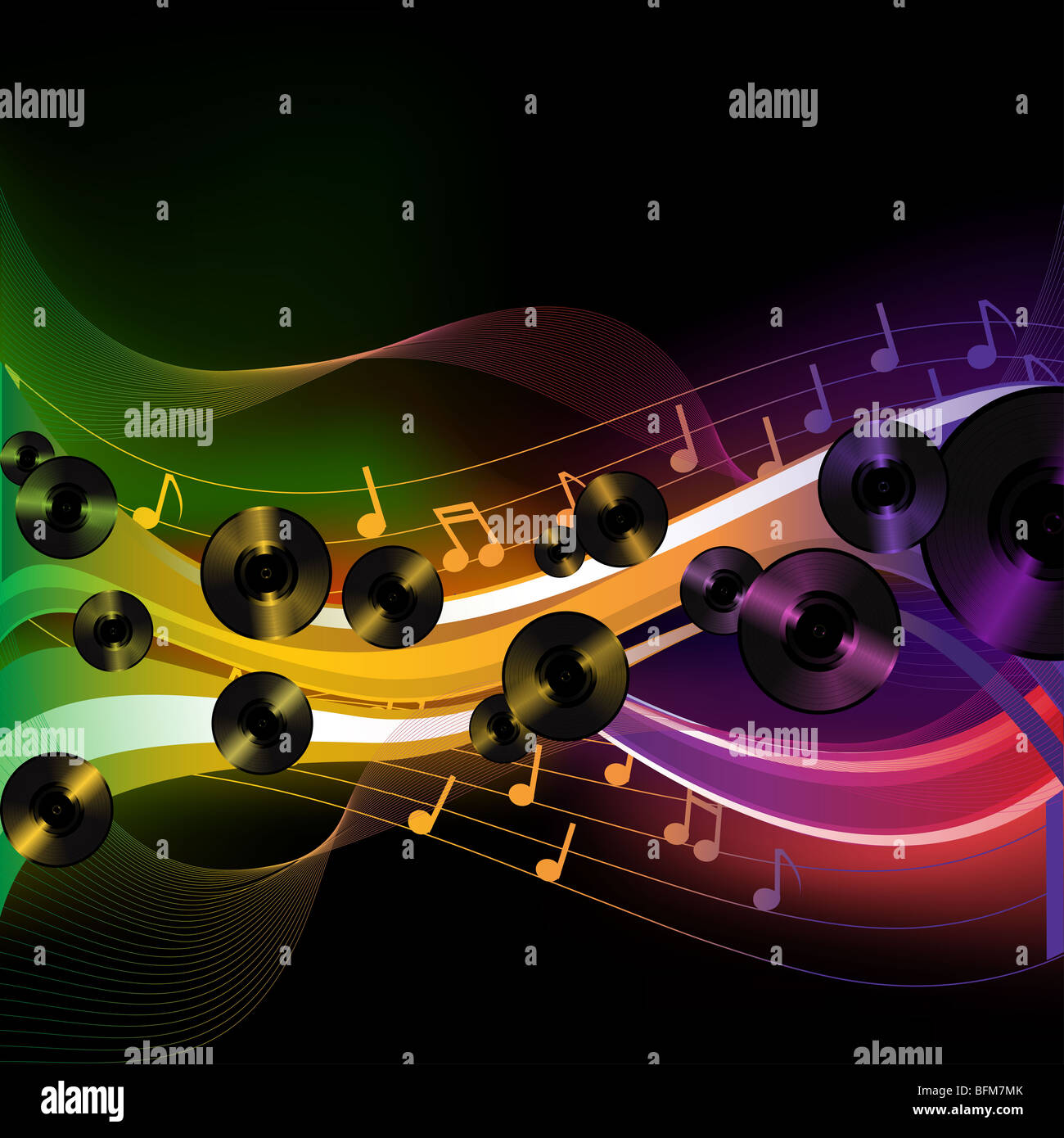 abstrakte Neon Wellen und Noten mit Schallplatten Stockfoto