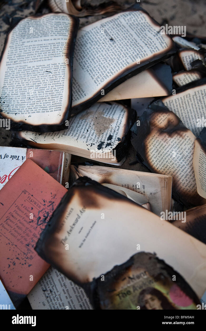Verbrannte Bücher. Verbrannte Bücher. Lagerfeuer der Bücher. Stockfoto