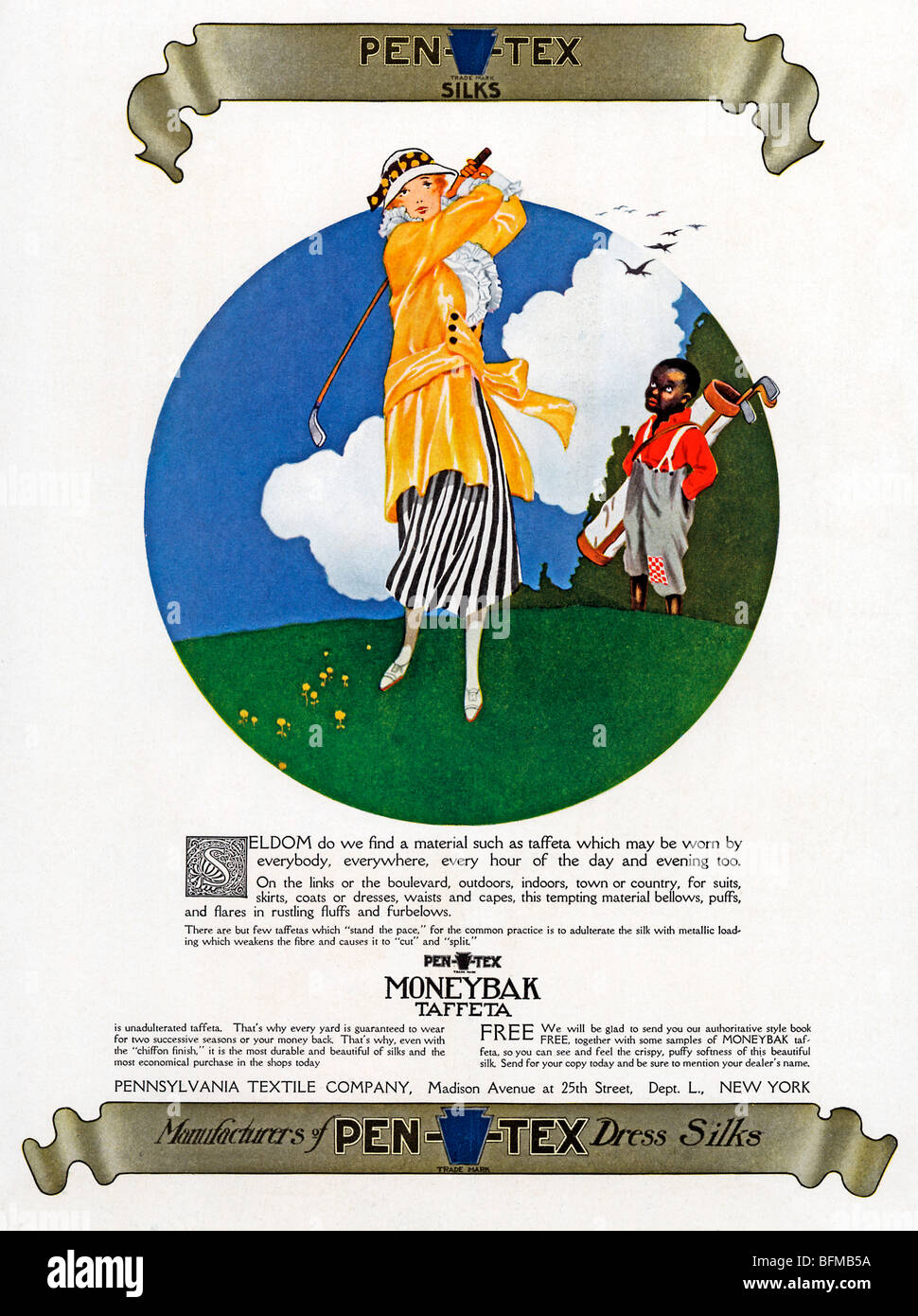 Pentex Seiden, 1916 Werbung für Taft gemacht durch die Pennsylvania Textil-Unternehmen, wie Sie von einem stilvollen Lady Golfer getragen Stockfoto