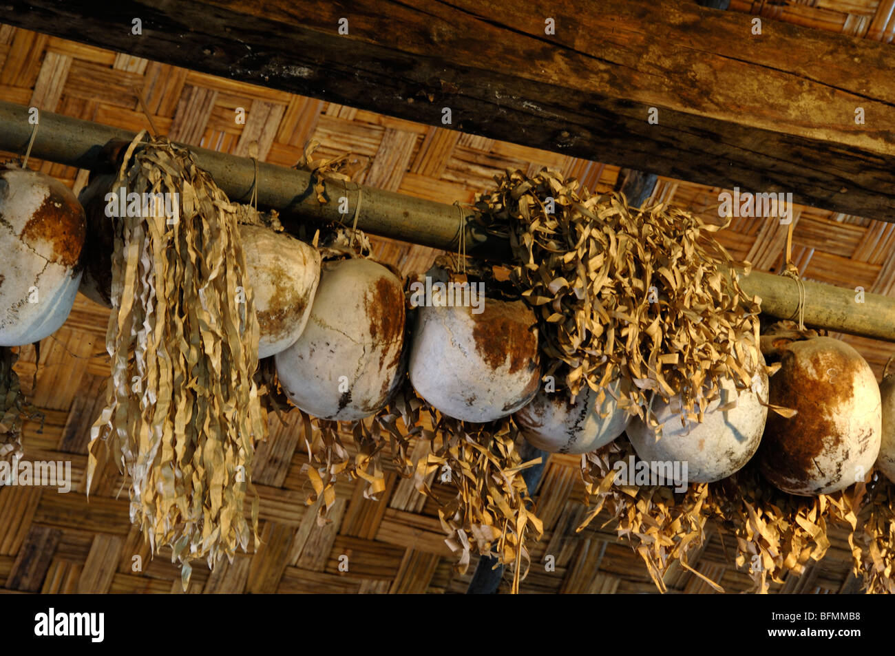 Menschliche Schädel oder Trophäen hängen in Kadazan Headhunter Haus, Sea Cultural Village, Kota Kinabalu, Sabah Malaysia Borneo Stockfoto