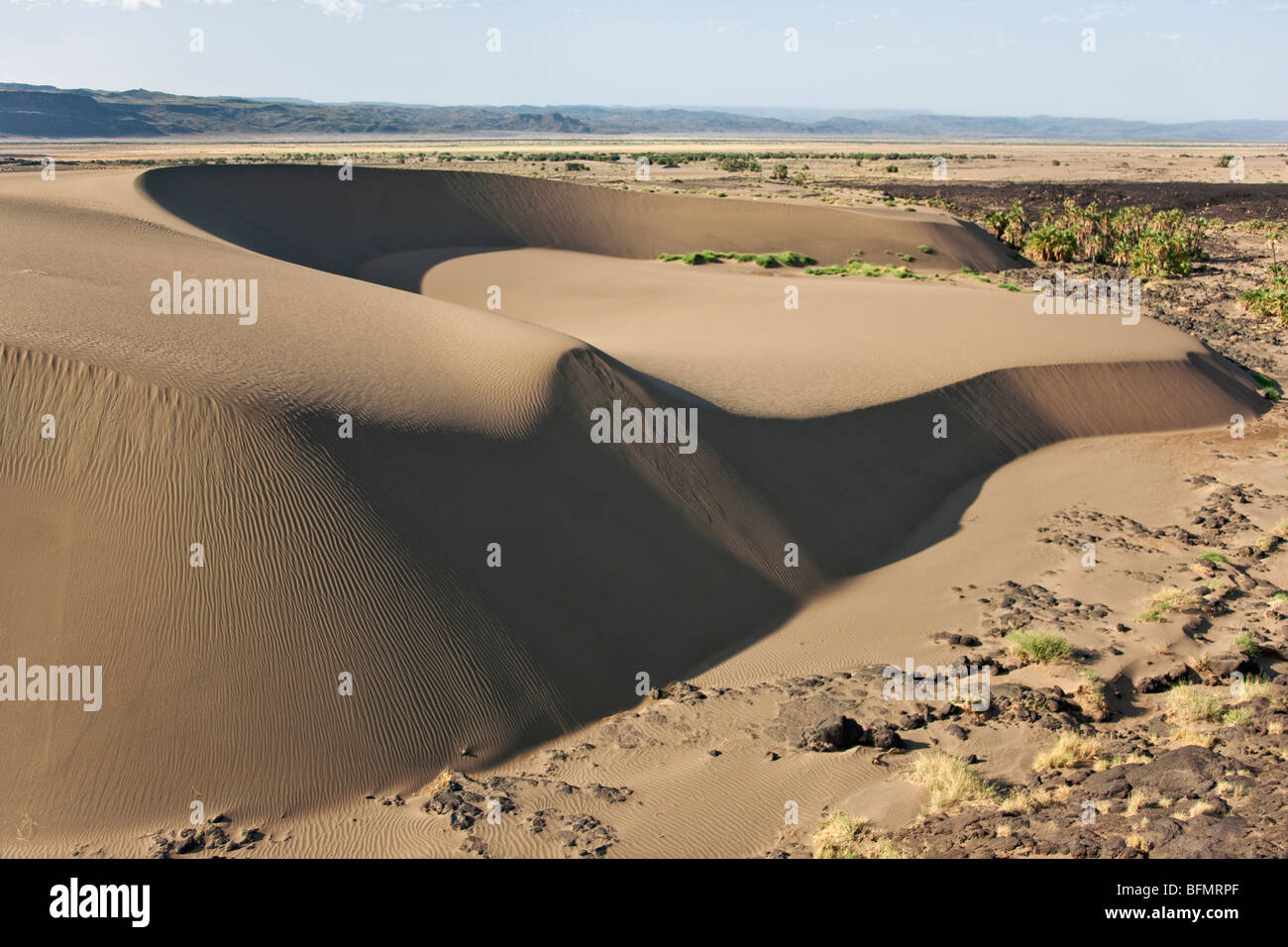 Eine große Barchan Dune am Rande des Tals Suguta. Stockfoto